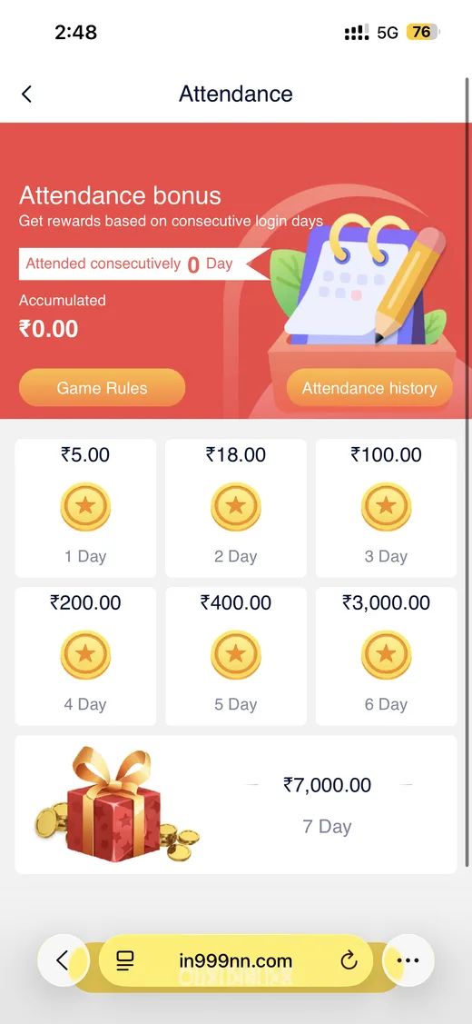 IN999 seven-day attendance bonus reward tiers