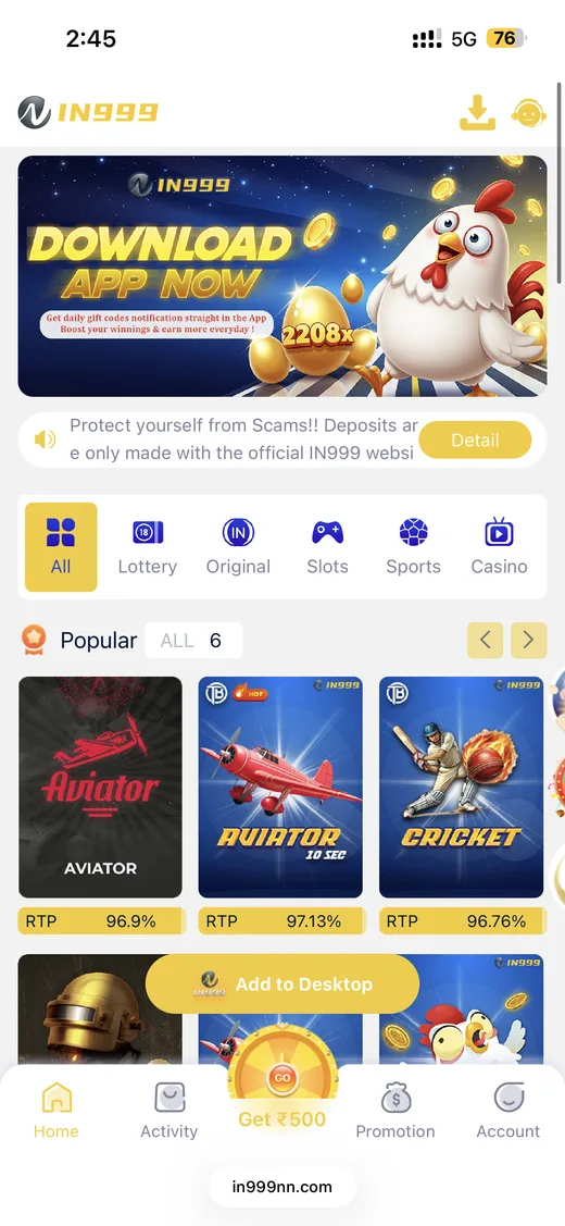 IN999 download app banner with the popular game lobby