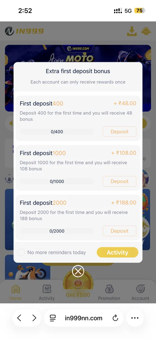 IN999 extra first deposit bonus tiers popup