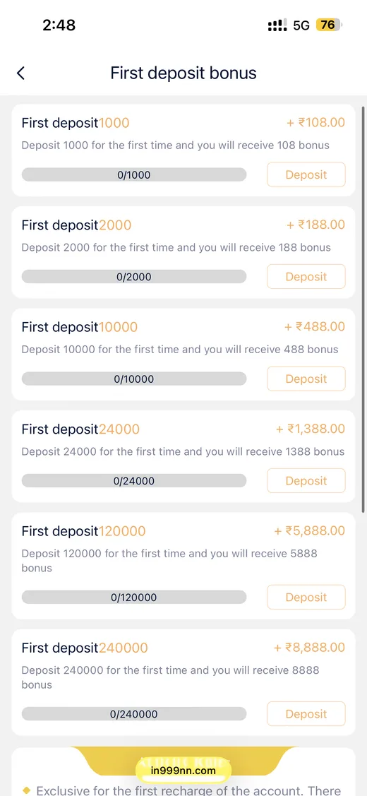 IN999 first deposit bonus reward tiers