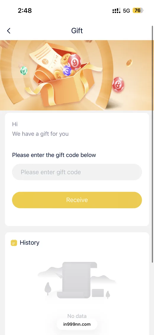 IN999 gift code redemption screen