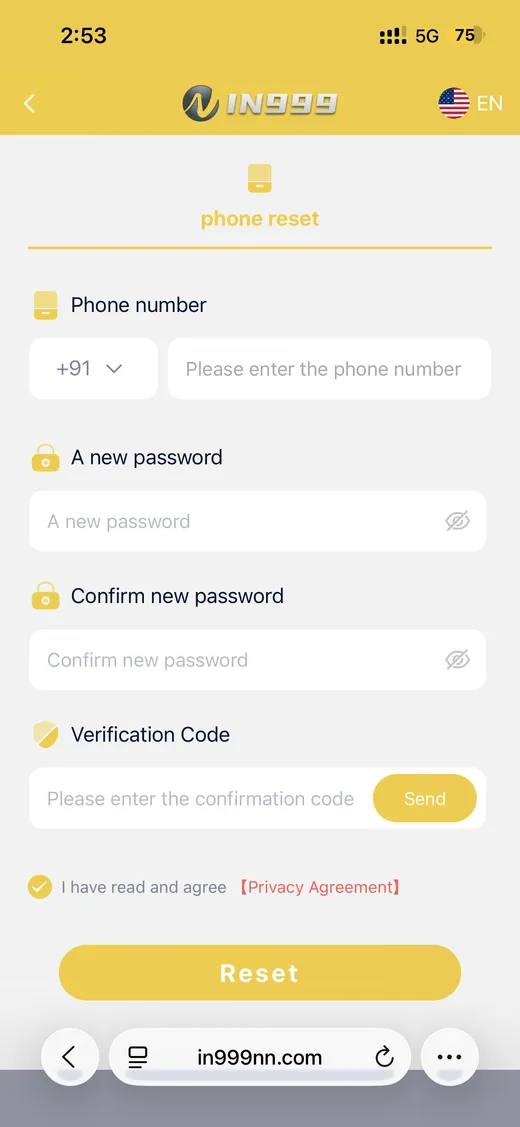 IN999 password reset screen