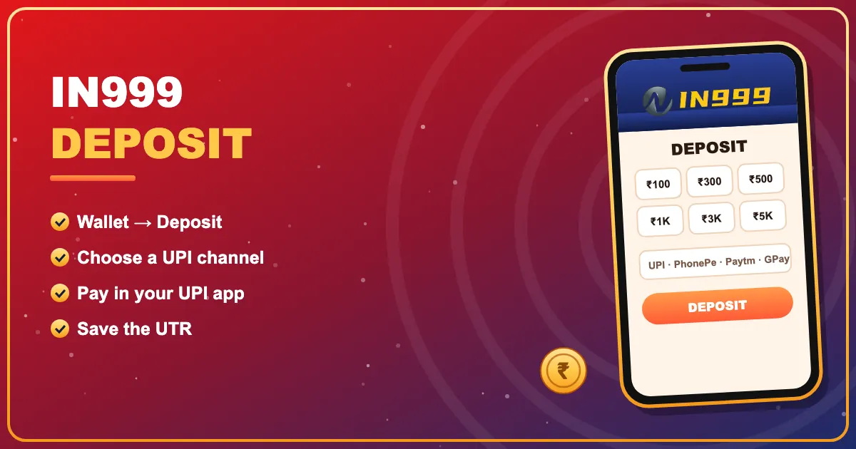 IN999 deposit screen with UPI options